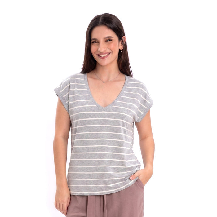 חולצת ויסקוזה פסים צווארון וי