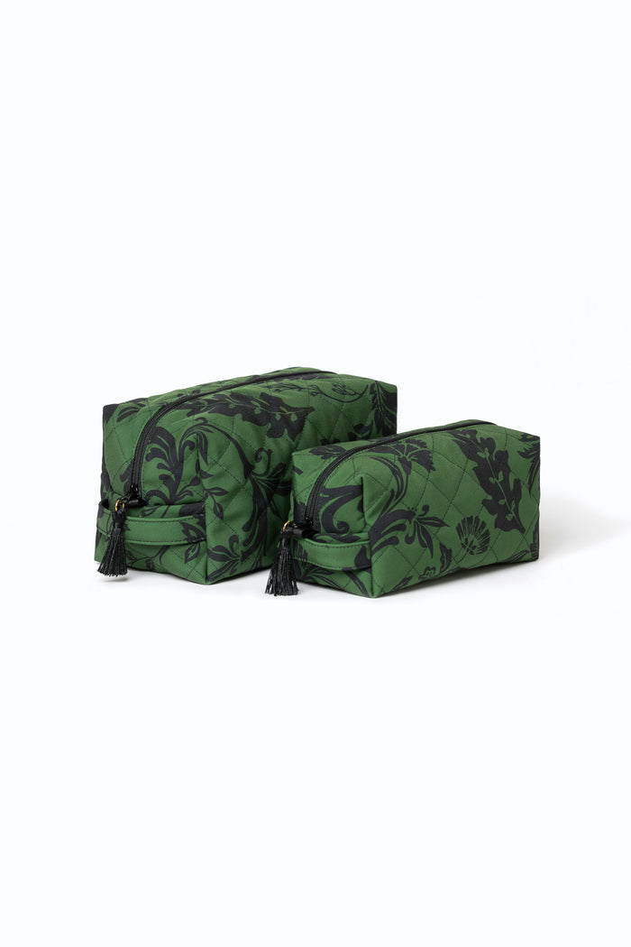 Black and green floral makeup bag set with two cosmetic bags featuring a black floral print and tassel zipper pulls