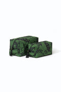 Black and green floral makeup bag set with two cosmetic bags featuring a black floral print and tassel zipper pulls