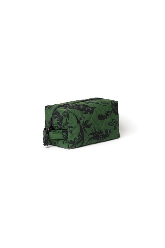 Large green floral cosmetic bag with black zipper closure and soft violet lining for beauty essentials.