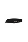A black belt with a matching black buckle and silver-tone eyelets, displayed horizontally on a clean white background.