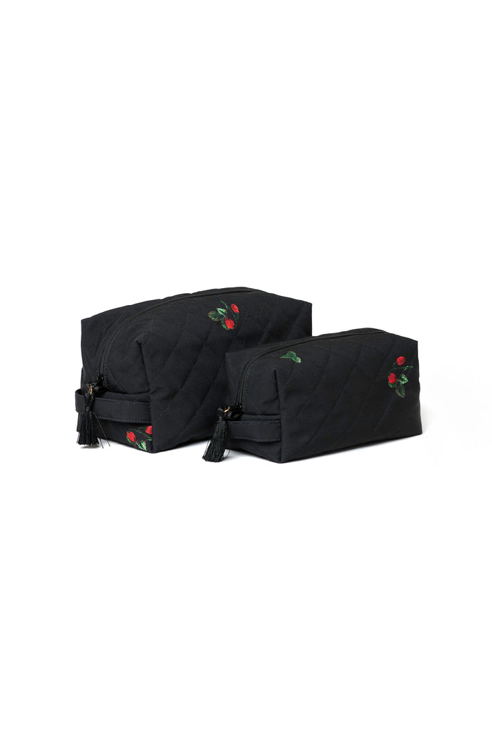 Black makeup bag set with strawberry print for makeup, toiletries, and travel essentials