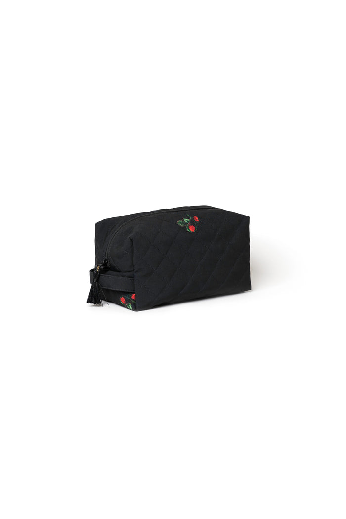 Large black cosmetic bag with strawberry print, black zipper closure, and decorative tassels