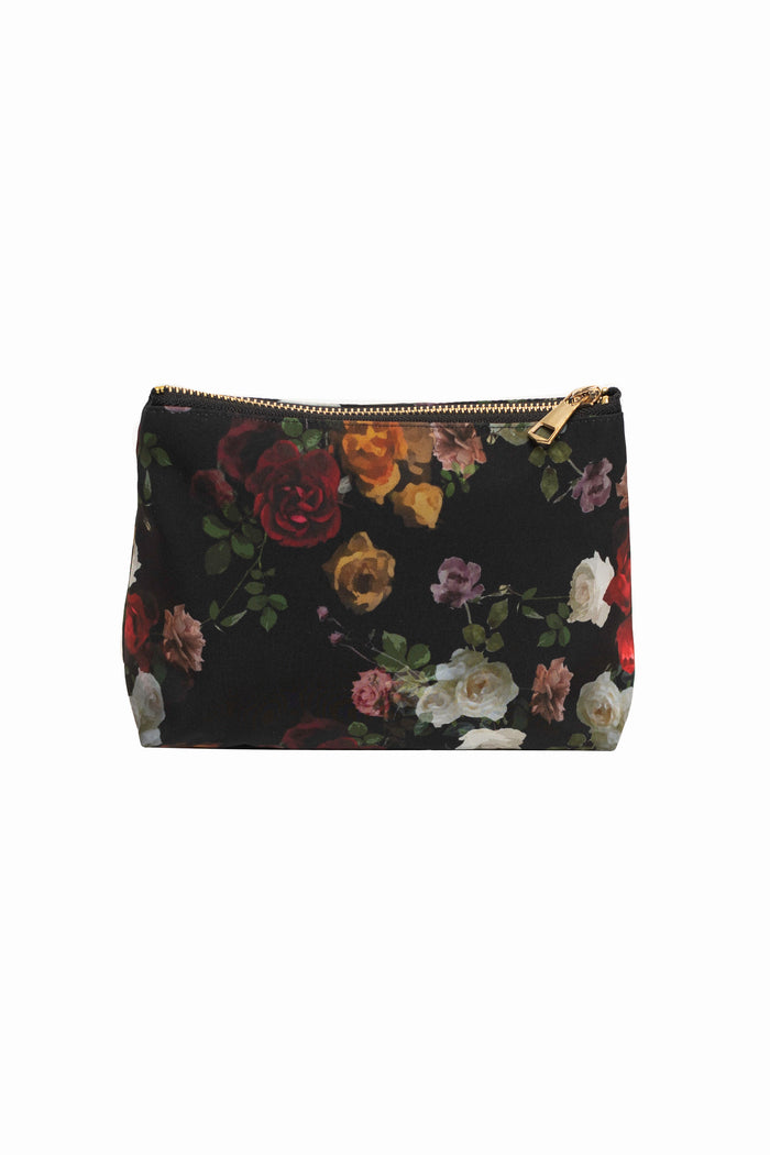 Rose Garden Makeup Bag with vintage rose print on black background - elegant cosmetic pouch inspired by floral coat design.