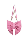 Pink bow-shaped handbag with a chain strap on a white background