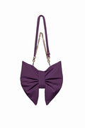 Purple bow-shaped handbag with a chain strap on a white background