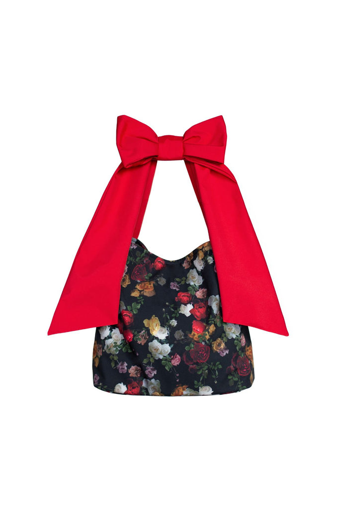 Darling Rose bow tote bag with colorful flower print and bold red color strap.