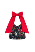 Darling Rose bow tote bag with colorful flower print and bold red color strap.