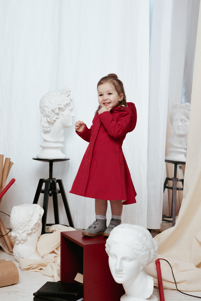 Fitted Dark Red Raincoat for Girls with hood