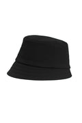 A solid black bucket hat photographed from the side profile against a clean white background.