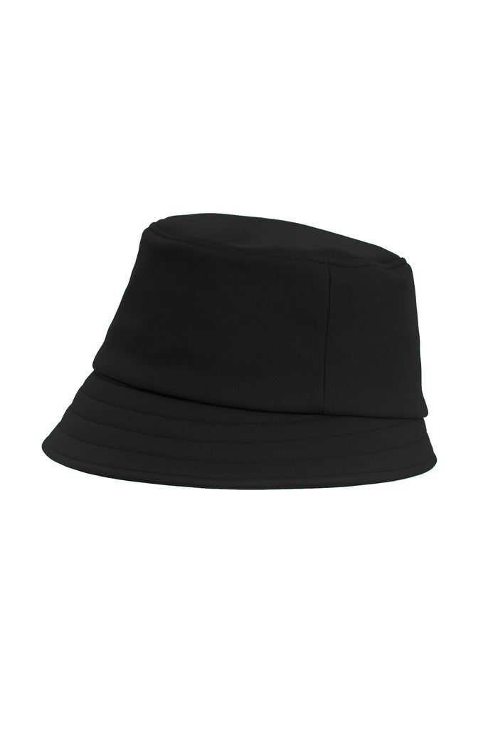 A solid black bucket hat photographed from the side profile against a clean white background.