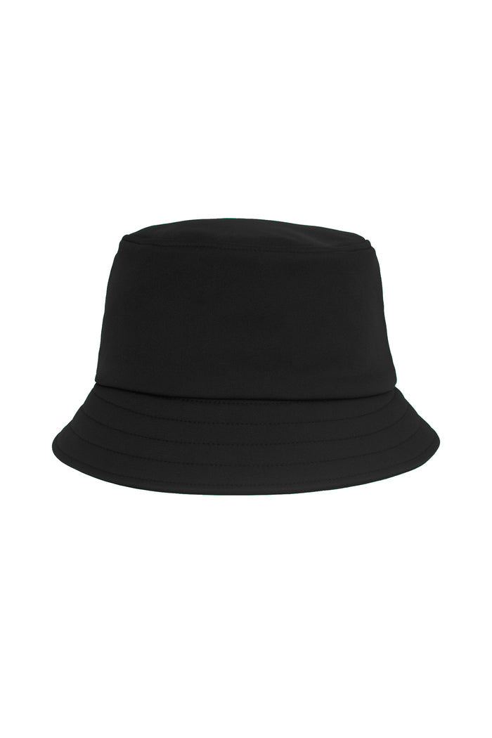 A classic black bucket hat with a structured crown and a wide brim, shown from a front-facing perspective on a solid white background.