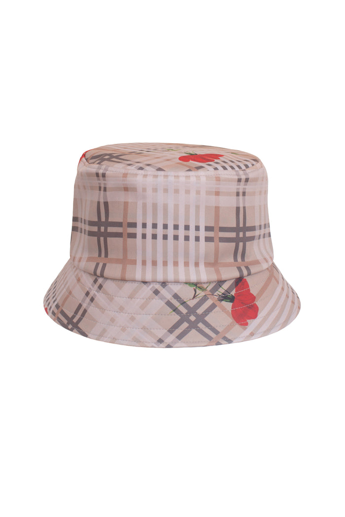 Elegant waterproof softshell bucket hat in beige color with red flowers – lightweight and feminine design.