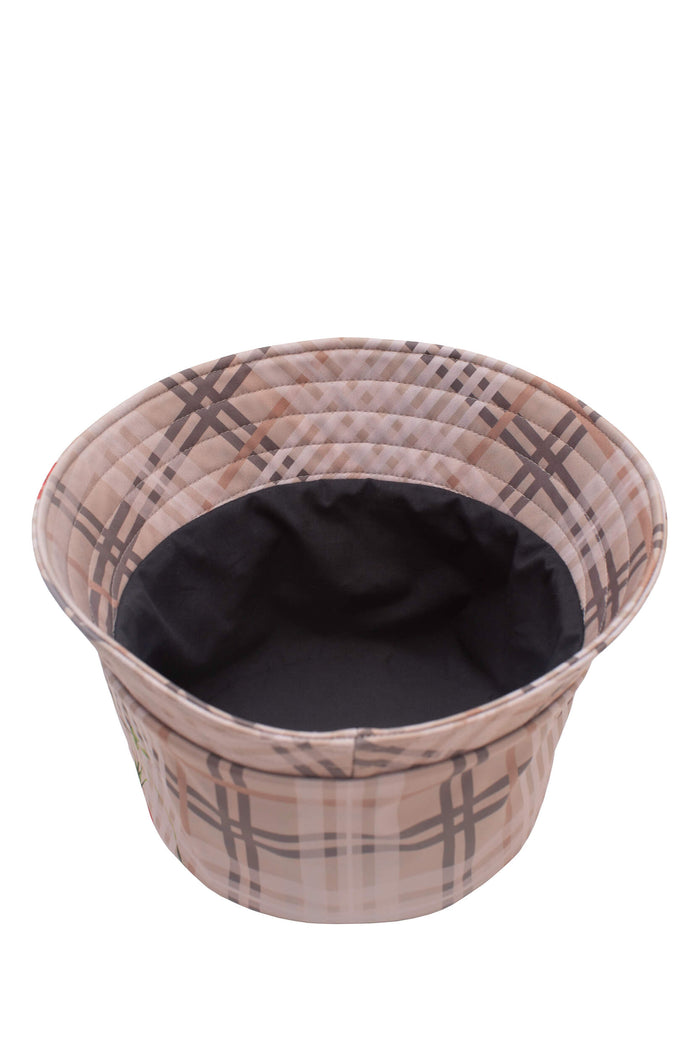 Beige plaid bucket hat with delicate red flower pattern – stylish waterproof rain hat.