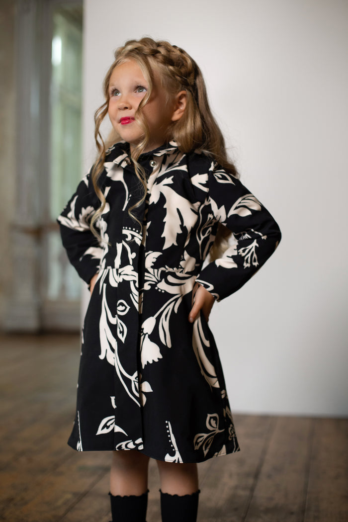 Girls' Black and White Rain Jacket with Floral Print