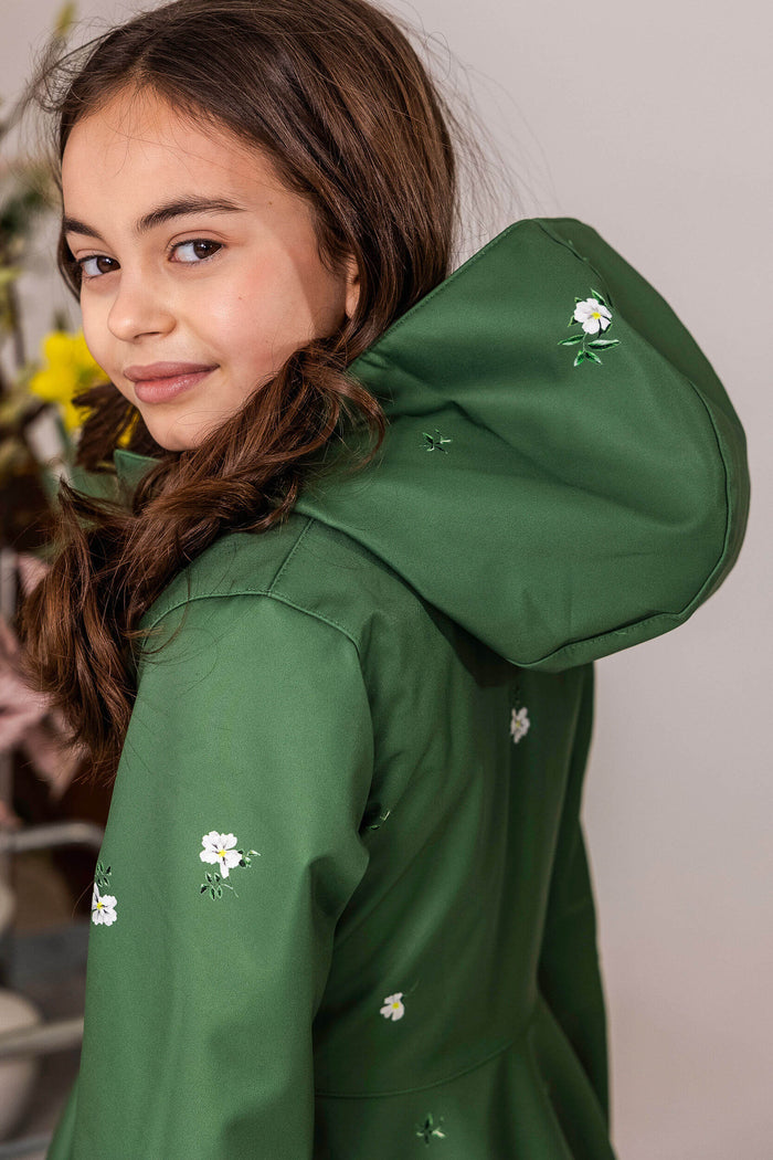 Girl's Green Coat with Floral Print | Primrose in Bloom