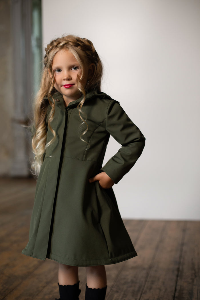 Girls' Khaki Green Raincoat with hidden pockets