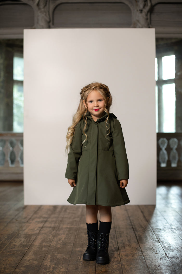 Girls' Khaki Green Raincoat with Hood