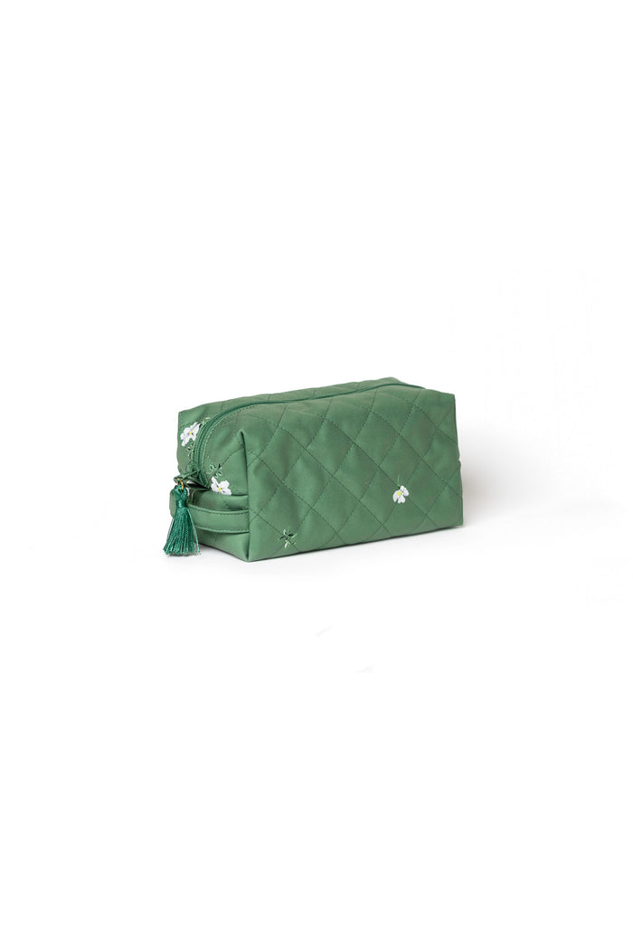 Elegant green makeup bag duo with a white floral pattern, soft mint lining, and matching green zipper closure.