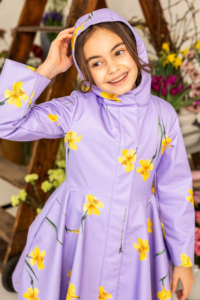 Girls spring coat in lilac with yellow blooms and flared skirt