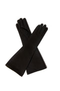 A pair of long black gloves arranged in an X shape on a plain white background.