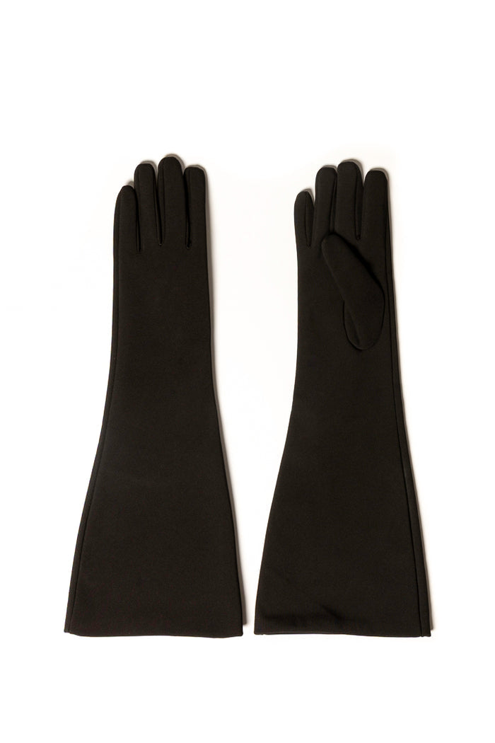 A pair of long black softshell gloves laid flat on a white background, showing both the back of one glove and the palm side of the other.