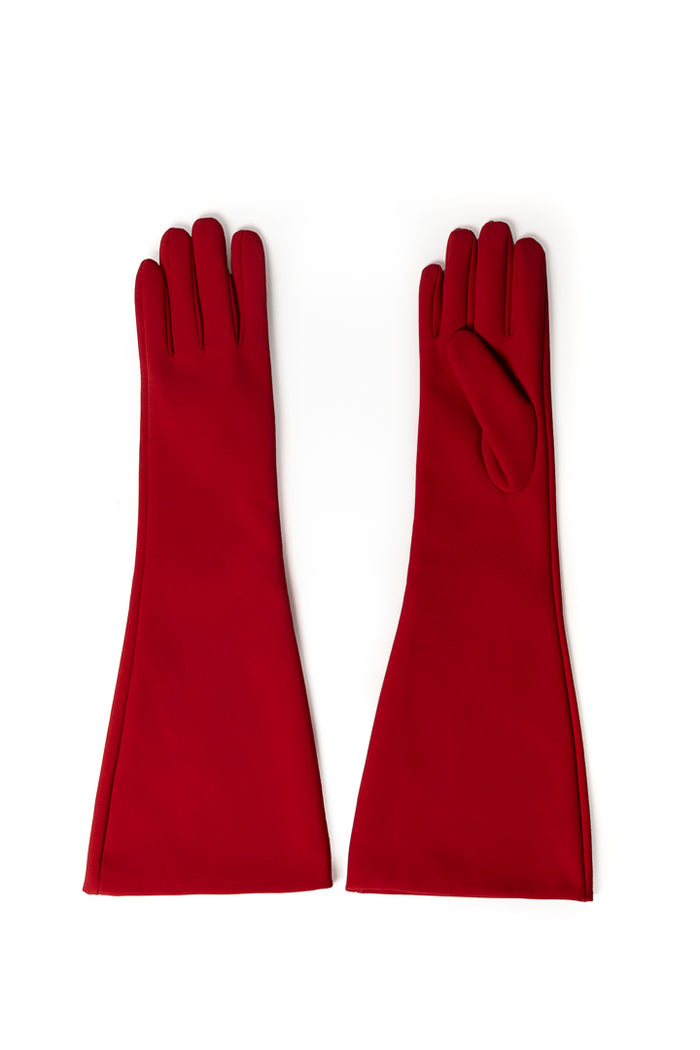 A pair of long red gloves laid flat on a white background, with one glove showing the back of the hand and the other showing the palm side.