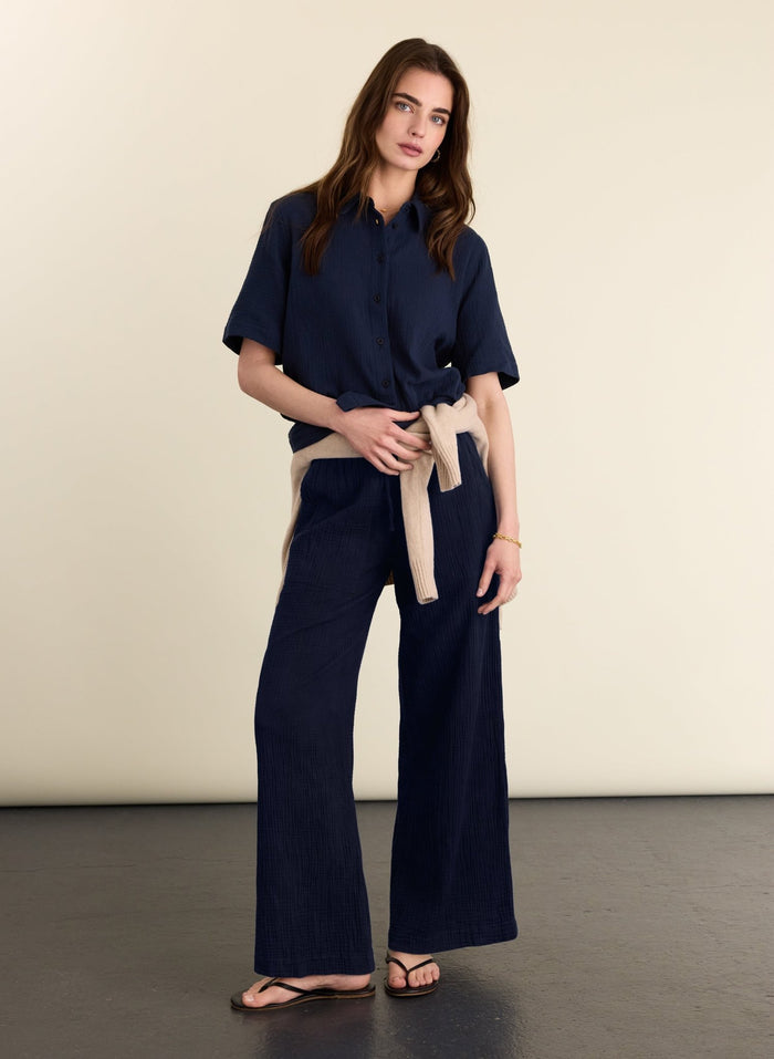 Melrose Double Cheesecloth Wide Leg Trousers - Deep Indigo Baukjen
