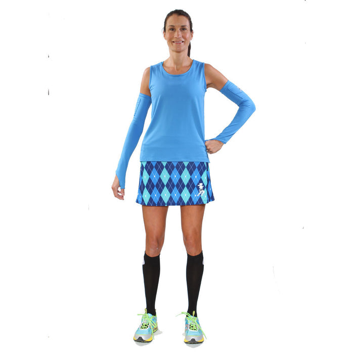 preppy blue athletic skirt tank and arm warmers