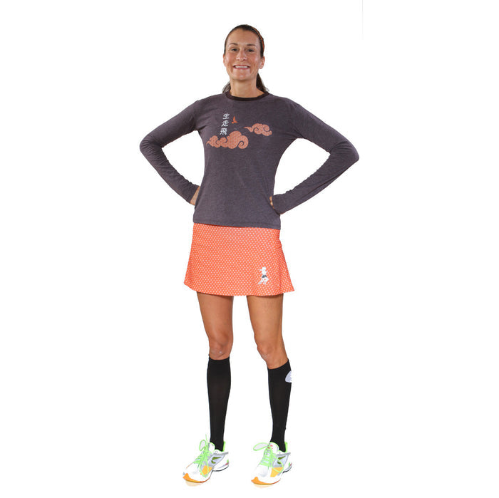 Oiselle 50/50 tee and pumpkindot running skirt