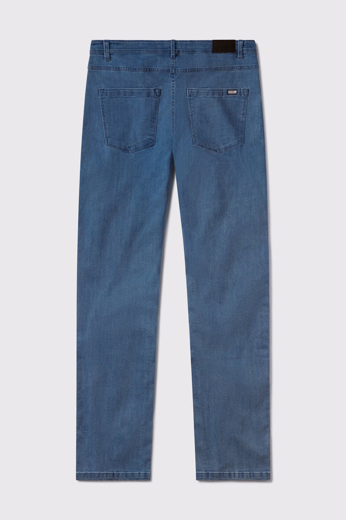 Mens Relaxed Athletic Fit Jeans 2.0 -Light Wash - photo from back flat lay #color_light-wash