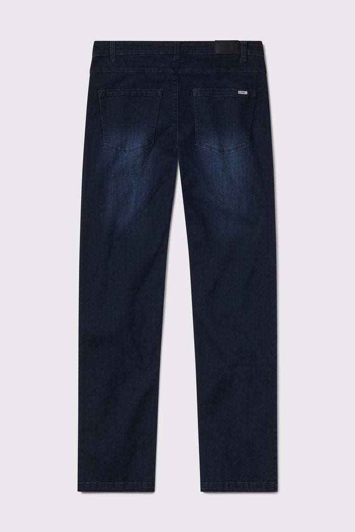 Mens Relaxed Athletic Fit Jeans 2.0 -Dark Distressed - photo from back flat lay #color_dark-distressed