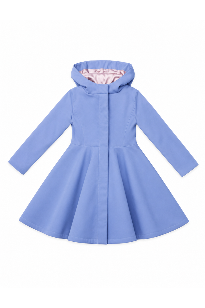 A light blue hooded dress coat for girls with long sleeves and a flared skirt, shown flat against a white background.