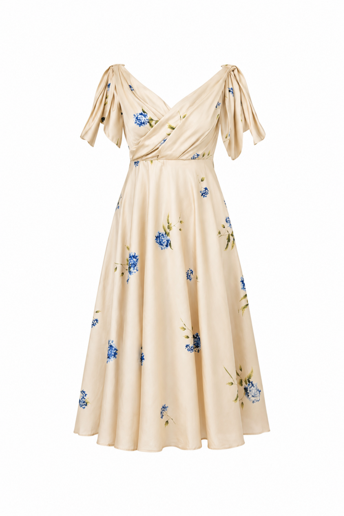 Beige flowy fit and flared dress with blue hydrangea print