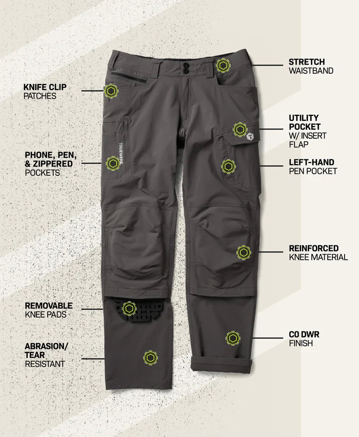 T1 Pro Pant in Deep Grey with feature callouts showing stretch waistband, knife clip patches, phone, pen, and zippered pockets, utility pocket with insert flap, left-hand pen pocket, reinforced knee material, removable knee pads, abrasion- and tear-resistant fabric, and C0 DWR finish #color_deep grey