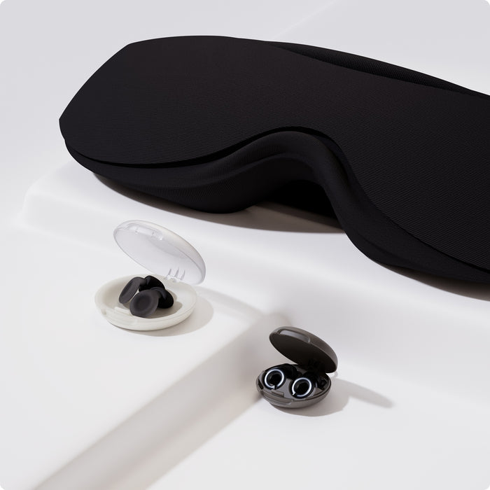 Loop Eclipse sleep mask, Loop Dream earplugs and Loop Switch earplugs on a white background
