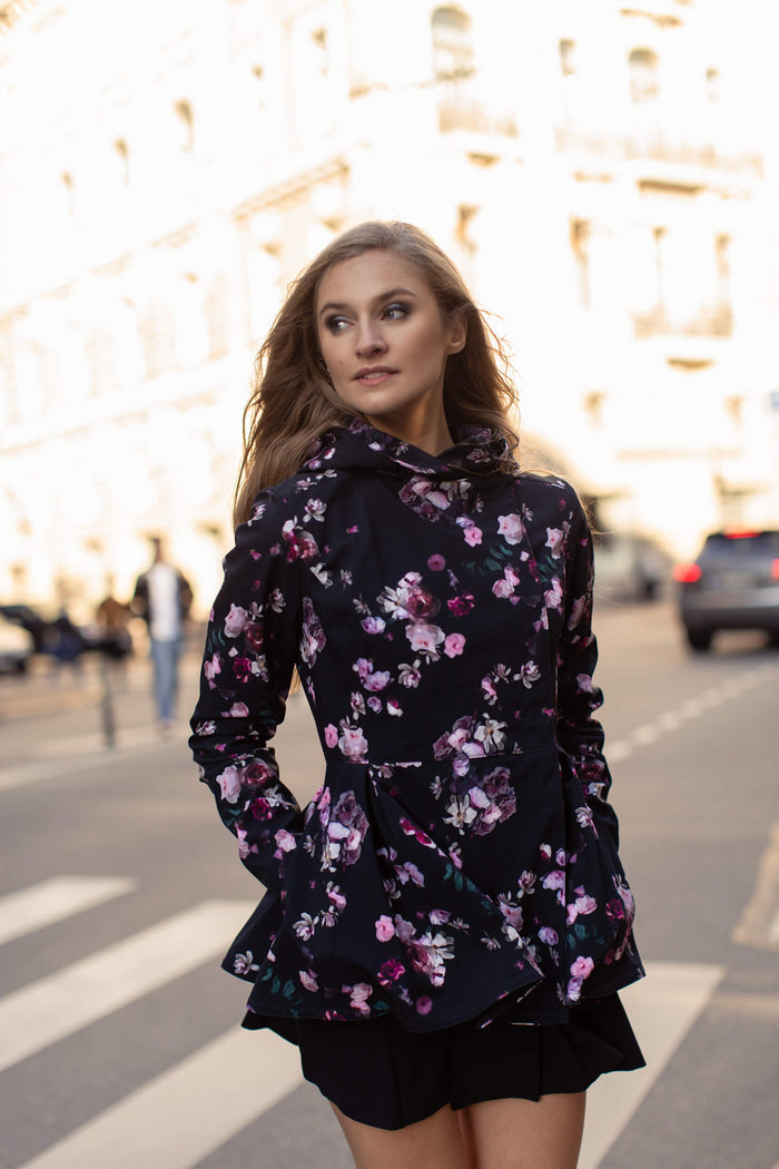 Soft pink floral print on black women's designer peplum jacket
