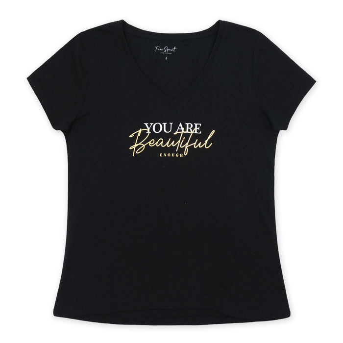 חולצה עם צווארון וי הדפס נצנץ You Are Beautiful נשים